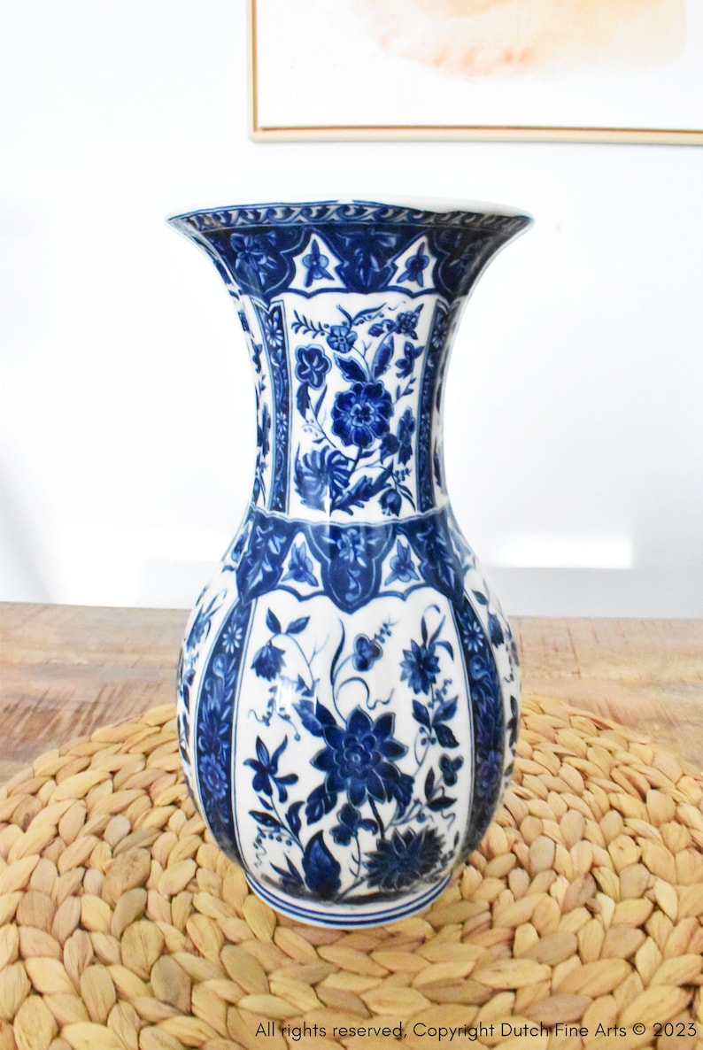 1960s BOCH Handpainted Vase, Tall Porcelain White and Blue Vase, LARGE