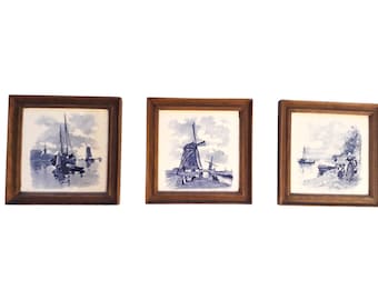 1960s Vintage Set of 3 Framed Tiles, Dutch Delft Blue Pattern Ceramic, Wooden Frame, Windmill, Ship and People by the Sea