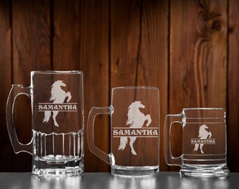 Personalized beer stein, Glass horse mug, Beer gifts for her, Horse gifts for women, Beer tankard, Horse Christmas gifts for sister stocking