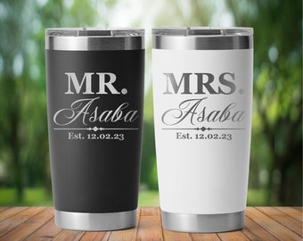 Mr. Mrs. Personalised 20oz tumbler, custom laser engraved travel mug, gift for anniversary, wedding gifts for couples, gift for engagement