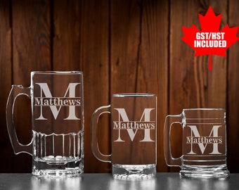 Personalized etched glass beer mug, Custom  Beer stein, Monogram craft brew glasses, Gift for groomsmen, Birthday Gifts for dad.