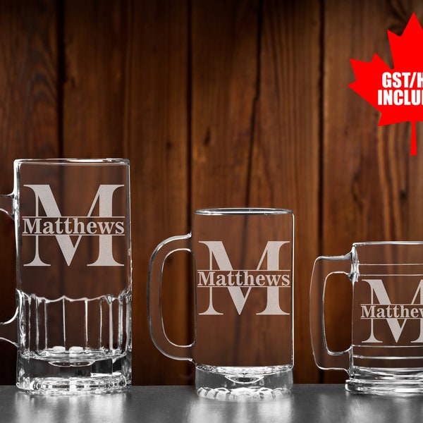 Personalized etched glass beer mug, Custom  Beer stein, Monogram craft brew glasses, Gift for groomsmen, Birthday Gifts for dad.