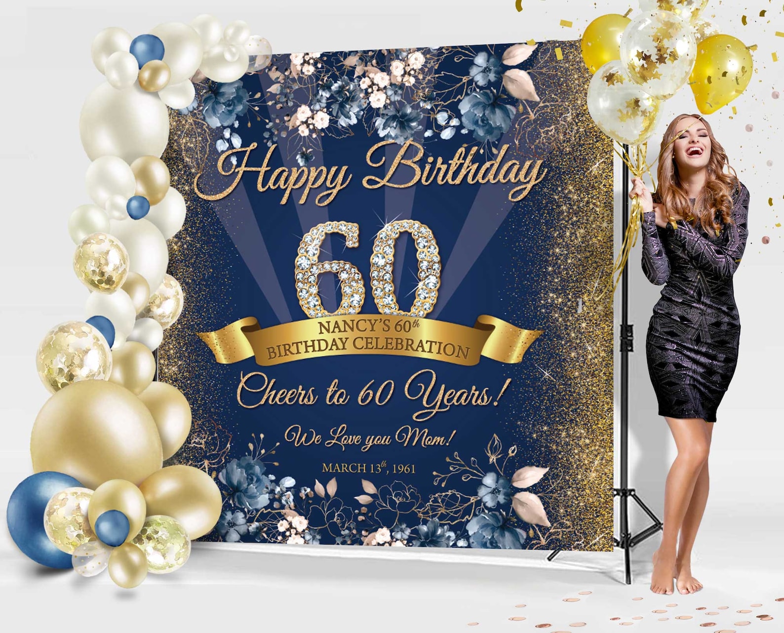 Birthday 60th Backdrop for Photography Personalized Navy Blue | Etsy