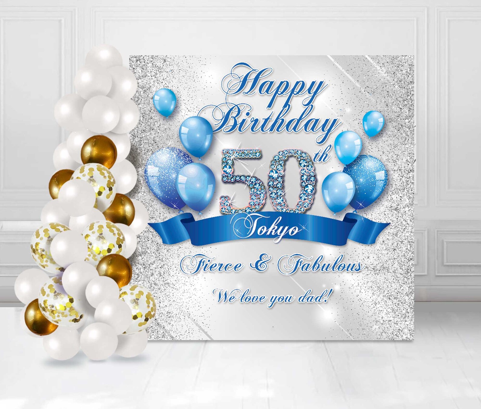 50th Birthday Backdrop Royal Blue and Silver Decorations Wall Etsy