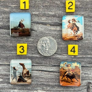 May include: Four square, glass-like tiles with cowboy-themed illustrations. Each tile features a different scene: a cowboy roping a horse, a cowboy riding a horse, a cowboy with a horse, and a woman riding a bull. A US quarter is also present.