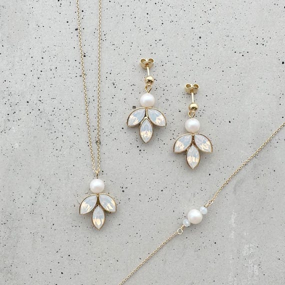 Brautschmuckset mit Perlen Kristalle, 18K vergoldet, Hochzeit,Ohrringe+Kette+Armband,925er Silber Schmuck, Braut Schmuck | Kate matte Perlen