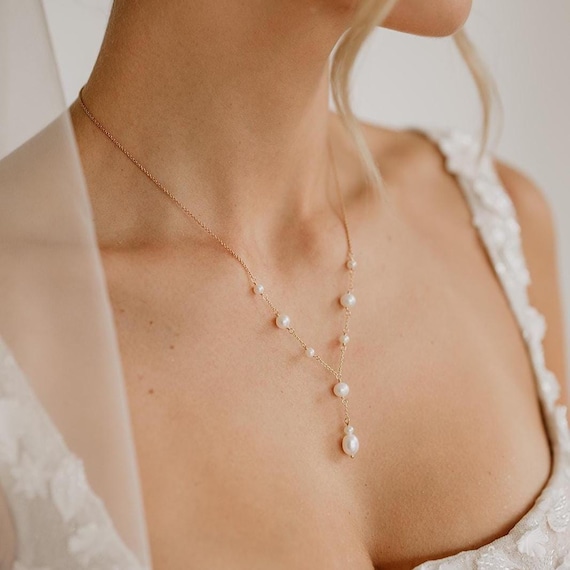 Brautschmuck Y-Kette mit Süßwasserperlen, Halskette mit echten Perlen, Halskette Hochzeit, Brauthalskette Hochzeit, 925 Sterlingsilber | Joy