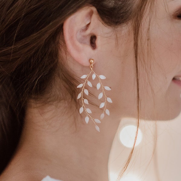 Bijoux de mariée, boucles d'oreilles de mariée avec feuilles, boucles d'oreilles Lana