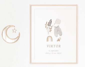 Geburtsposter personalisiert Namensposter Boho Junge Mädchen mit Geburtsdaten Geschenk zur Geburt