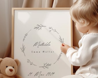 Geburtsposter personalisiert Boho Blumenkranz  Mädchen personalisiert mit Geburtsdaten Digitale Datei Druckdatei Geschenk zur Geburt