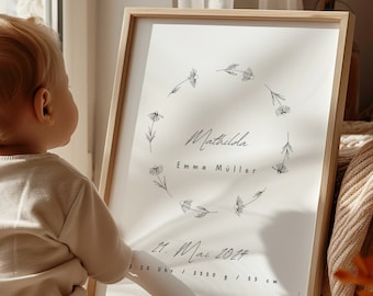 Geburtsposter personalisiert Boho Blumenkranz  Mädchen personalisiert mit Geburtsdaten Digitale Datei Druckdatei Geschenk zur Geburt
