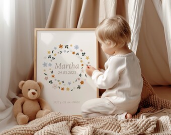 Geburtsposter Namensposter Boho Blumenkranz Mädchen personalisiert mit Geburtsdaten Geschenk zur Geburt