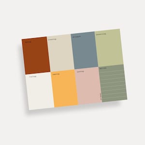Könnte beinhalten: Ein rechteckiger Planer mit einem Raster aus Farbblöcken, die jeweils mit einem Wochentag auf Deutsch beschriftet sind. Die Farben umfassen Rost, Beige, Blaugrau, Olivgrün, Weiß, Orange, Rosa und einen Notizbereich.