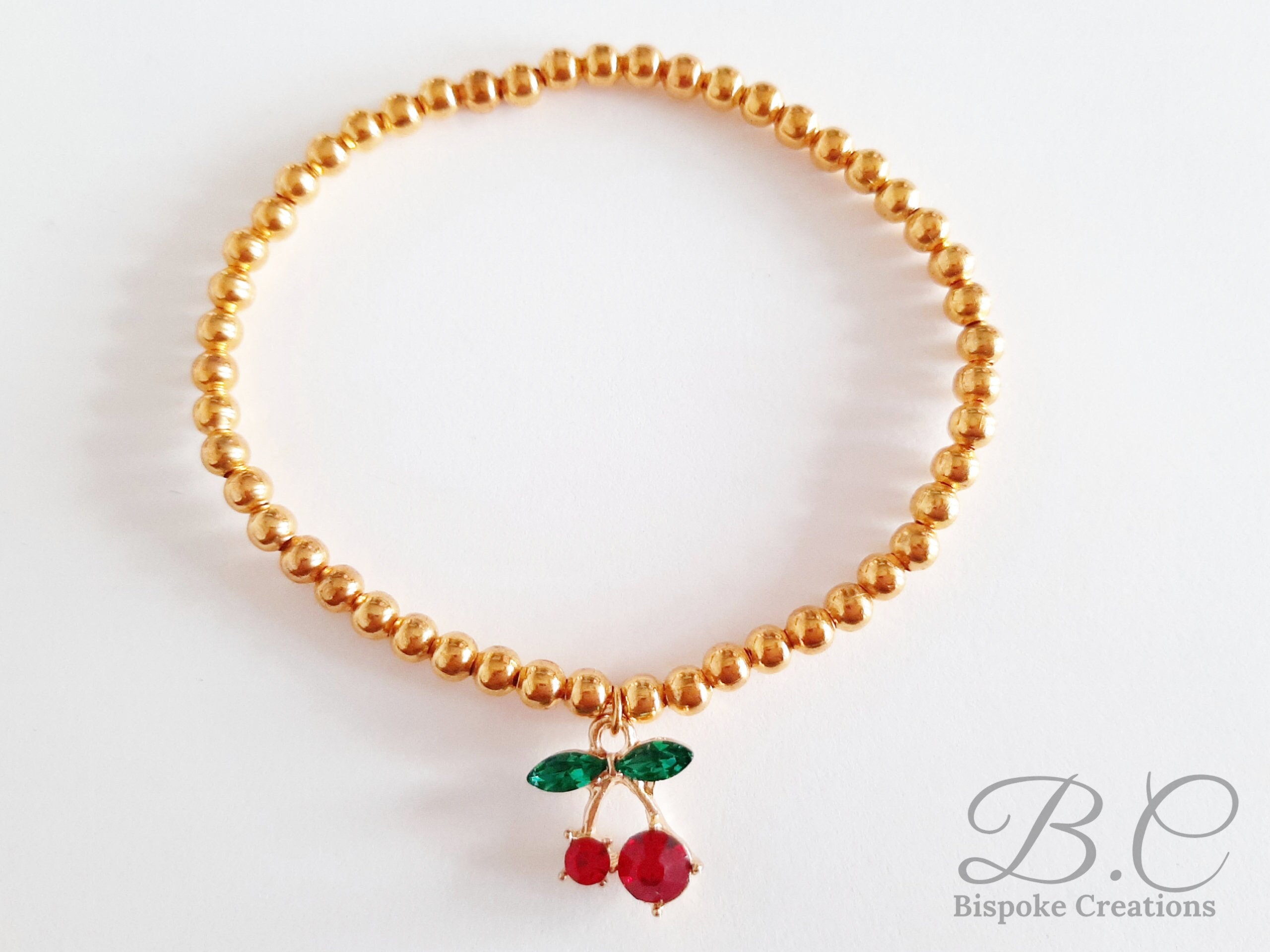Red Cherry Bracelet. Gold Plated Bead Bracelet With a Etsy UK