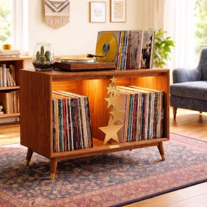 Mid Century Solid Wood Record Stand, LED Lighting, LP Storage Console, Retro Turntable Cabinet