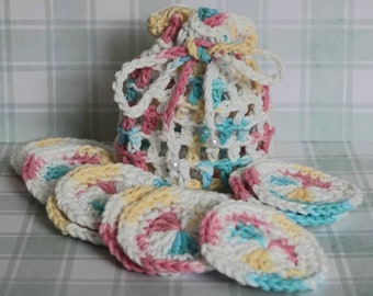 Bolsa Scrubbie con Scrubbies faciales PATRÓN de ganchillo ecológico reutilizable