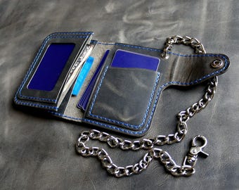 Trucker Wallet with Stainless Steel Chain - Gray Leather - Rugged Hand Stitched in Blue Waxed Thread - Perfect for Biker Wallet Style