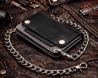 Gray Trucker Wallet - Handmade Leather Biker Chain Wallet - Stainless Steel Hardware - Custom Order