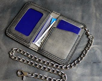 Leather ID Card Wallet with Chain - Hand Stitched for Durability - Open ID Window - For Men or for Women Biker Style - Motorcycle Gifts