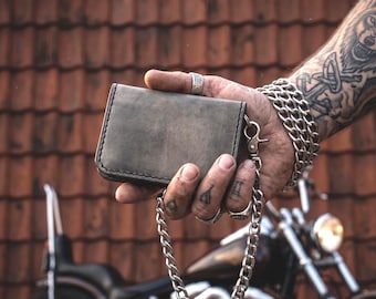 Biker Chain Wallet with ID Window - Crazy Horse Leather - Handmade - Motorcycle Gift for Him