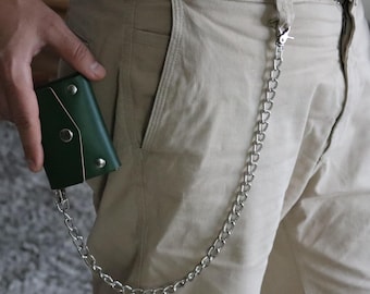 Skórzany portfel na łańcuszku – styl motocyklowy, okucia ze stali nierdzewnej – kolor zielony