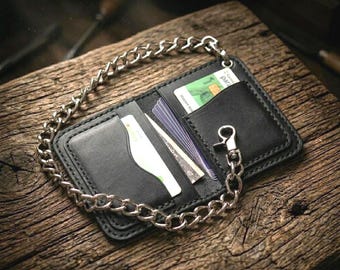 Minimalist Biker Wallet – Handmade Wallet with Chain – Crazy Horse Leather - EDC -  Personalized Gift