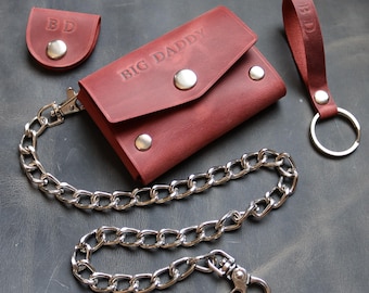 Portfel z łańcuszkiem - Minimalistyczny styl motocyklowy - Skóra naturalna - Spersonalizowany - Okucia ze stali nierdzewnej -