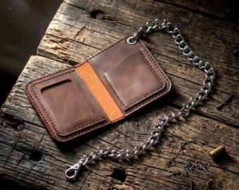 Biker Chain Wallet with ID Window - Crazy Horse Leather - Handmade - Motorcycle Gift for Him