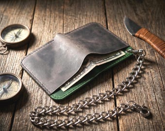 Biker Chain Wallet with Full Cash Pocket – Handmade – Holds Bills Flat – Crazy Horse Leather