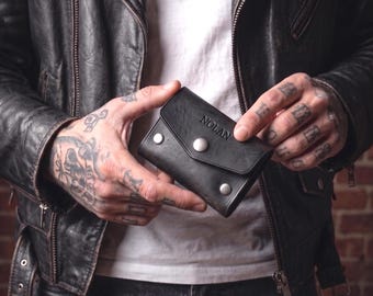 Conjunto de cartera EDC personalizada - Piel auténtica Crazy Horse - Minimalista y compacta - Opción de cadena