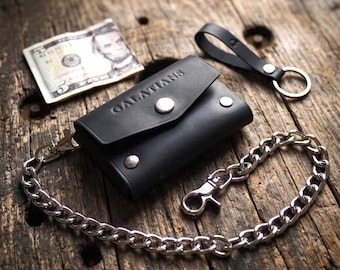 Biker Wallet with Chain Set - Minimalist Style - Genuine Crazy Horse Leather - Personalized