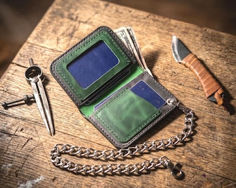 Biker Chain Wallet with Full Cash Pocket – Handmade – Crazy Horse Leather – Motorcycle Wallet