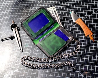 Portfel motocyklowy z łańcuchem, ręcznie robiony – prawdziwa skóra, łańcuch ze stali nierdzewnej, wytrzymały i trwały