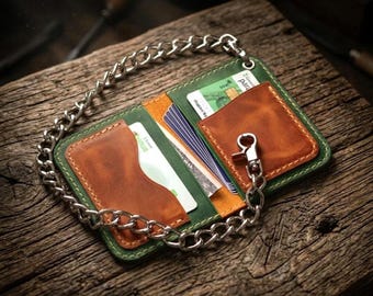 Minimalist Biker Wallet – Handmade Wallet with Chain – Crazy Horse Leather - EDC -  Personalized Gift