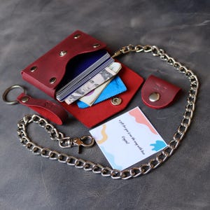 Small Biker Wallet with Chain Set of 3 - Gifts For Her or Gifts For Him - Personalized Leather Card Wallet - Minimalist and Horizontal Style