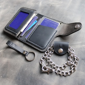 Trucker Wallet / Leather Wallet with Chain / Matte Black and Stone Gray Color / Handmade Japan Style Trifold Wallet / Middle Wallet