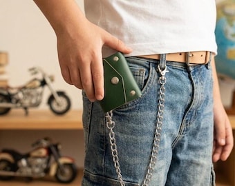 Portafoglio da bambino in pelle con catena – Piccolo stile biker, vera pelle, personalizzabile, formato tascabile per ragazzi