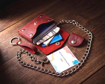Wallet with Chain Set - Biker Minimalist Style - Genuine Leather - Personalized - Stainless Steel Hardware