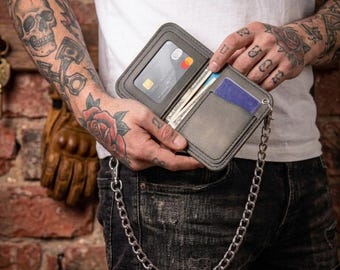 Biker Chain Wallet with ID Window - Crazy Horse Leather - Handmade - Motorcycle Gift for Him