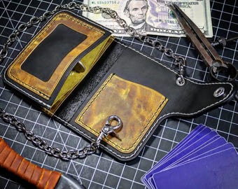 Trucker Wallet / Leather Wallet with Chain / Matte Black and Rustic Yellow Color / Handmade Japan Style Trifold Wallet / Middle Biker Wallet