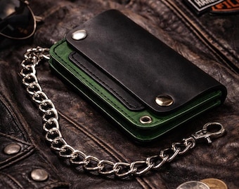 Portafoglio da motociclista in pelle fatto a mano - Accessori in acciaio inossidabile - Portafoglio con catena su ordinazione