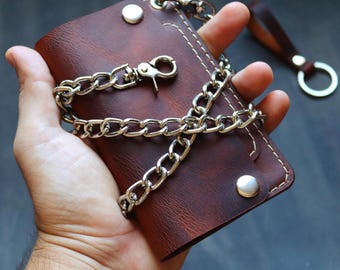 Ręcznie robiony skórzany portfel na łańcuszku: styl motocyklowy z tytoniu, łańcuch ze stali nierdzewnej