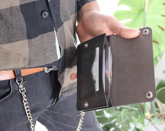 Ręcznie robiony skórzany portfel motocyklowy z łańcuchem ze stali nierdzewnej