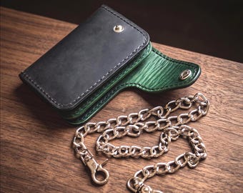 Trucker Wallet with Chain Set - Biker Style - Genuine Leather - Personalized - Stainless Steel Hardware -