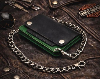 Green Trucker Wallet - Handmade Leather Biker Chain Wallet - Stainless Steel Hardware - Custom Order