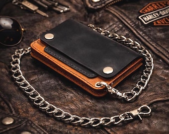 Camel Trucker Wallet - Handmade Leather Biker Chain Wallet - Stainless Steel Hardware - Custom Order