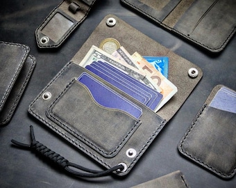 Skórzany portfel motocyklowy Crazy Horse z czarną linką paracord