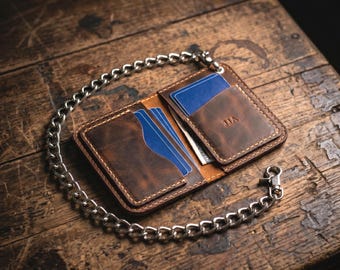 Minimalist Biker Wallet for Men – Handmade Wallet with Chain – Crazy Horse Leather – EDC – Personalized Gift