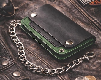 手作りのトラッカーウォレット - レザー製バイカーチェーンウォレット - ステンレススチール製金具 - カスタムオーダー