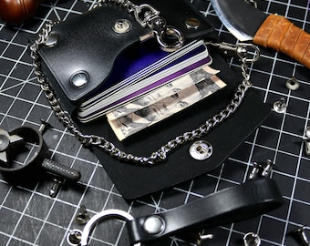 Wallet with Chain Set - Biker Minimalist Style - Genuine Italian Leather - Personalized - Stainless Steel Hardware -
